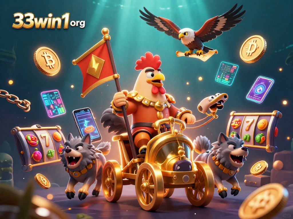 Engage with the vibrant casino world in 33win1 org featuring a cartoon rooster warlord and crypto symbols.