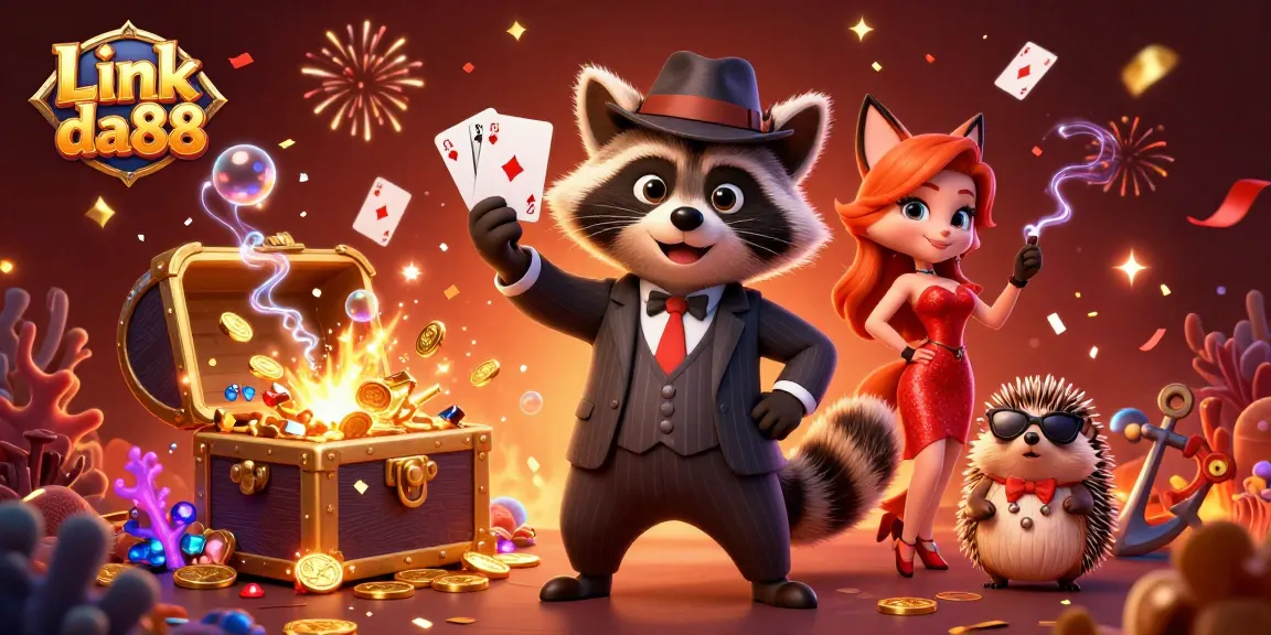 Link da88 showcases a raccoon and fox winning with a royal flush at a dynamic casino scene.