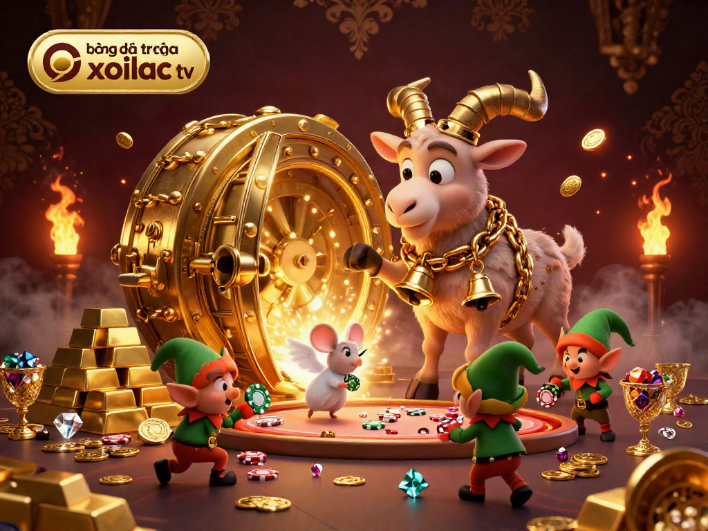 Bóng đá trực tuyến xoilac tv casino scene featuring Krampus goat, angel mouse, and gremlins stealing poker chips.