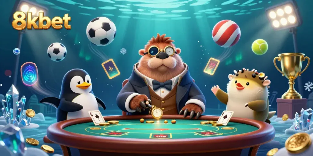 Experience thrilling underwater poker with 8xbet featuring diverse characters and dynamic sports elements.
