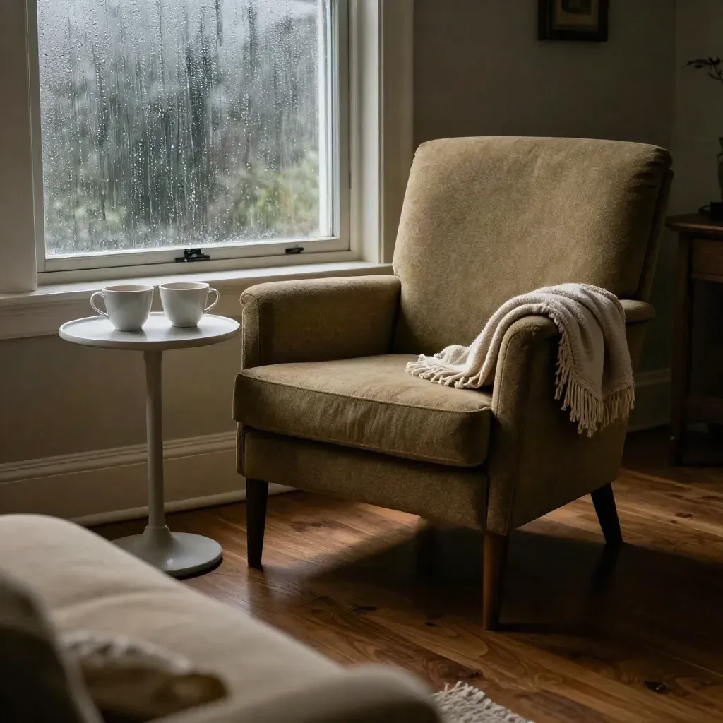Fåtölj med två koppar, vikt filt och regn på fönstret i en lugn hörna.