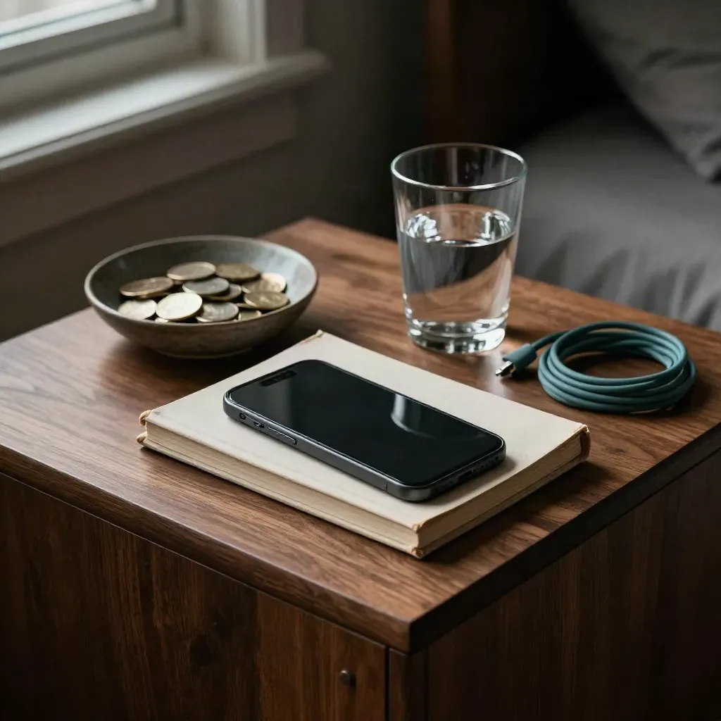 Nattduksbord med nedvänd telefon, stängd bok, myntskål, vattenglas och teal kabel.