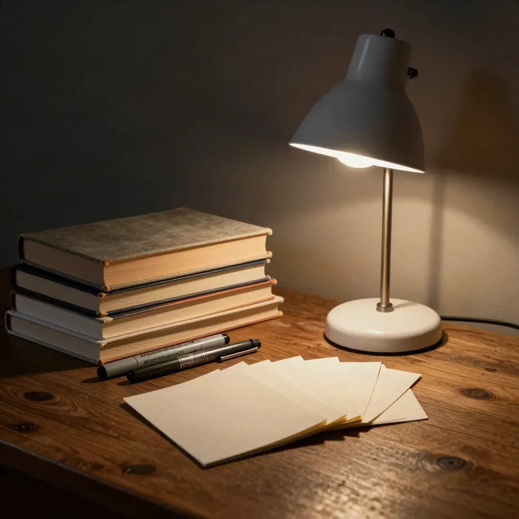 Studiekort, markörer, böcker och lampa i ett varmt skrivbordshörn