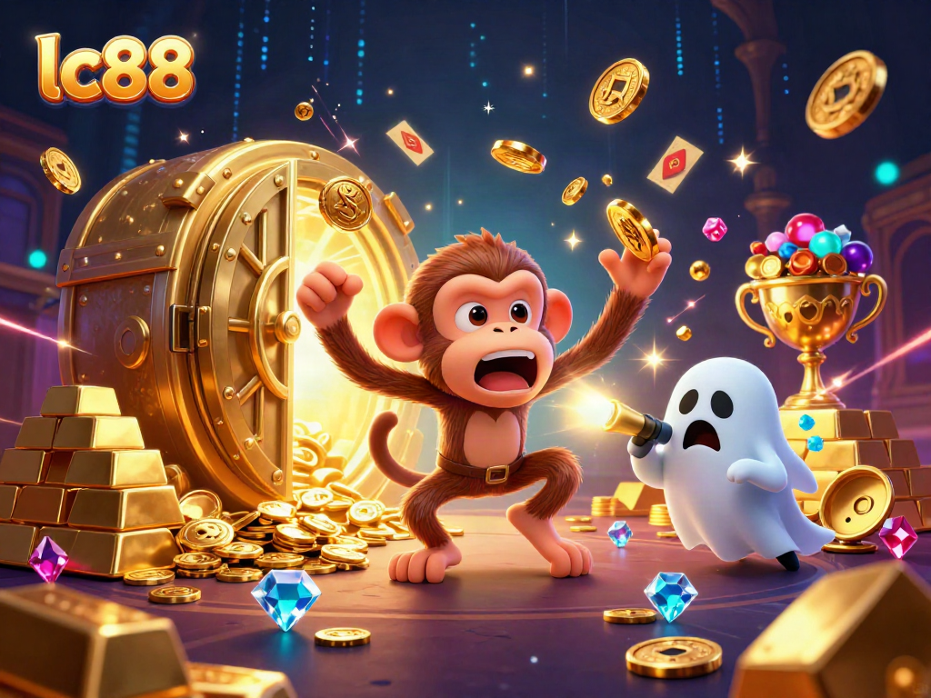 Experience exciting gameplay at lc88 with a playful poltergeist monkey juggling casino treasures in a vibrant scene.