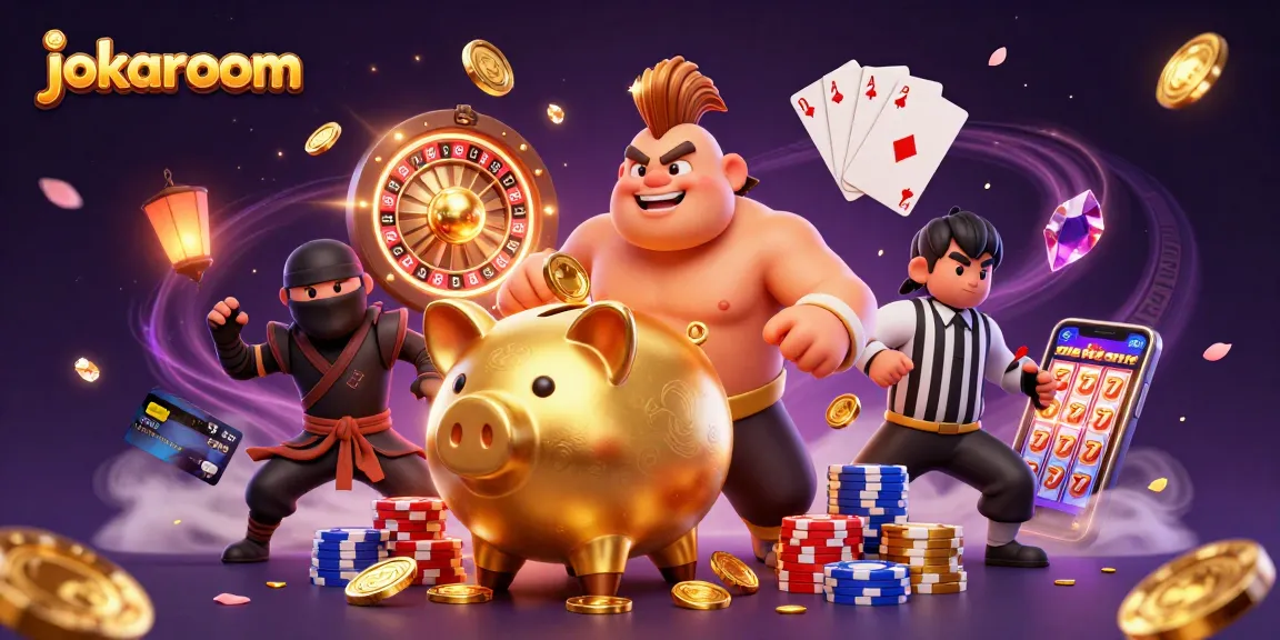 jokaroom features an energetic gaming scene with dynamic roulette and vibrant casino elements.