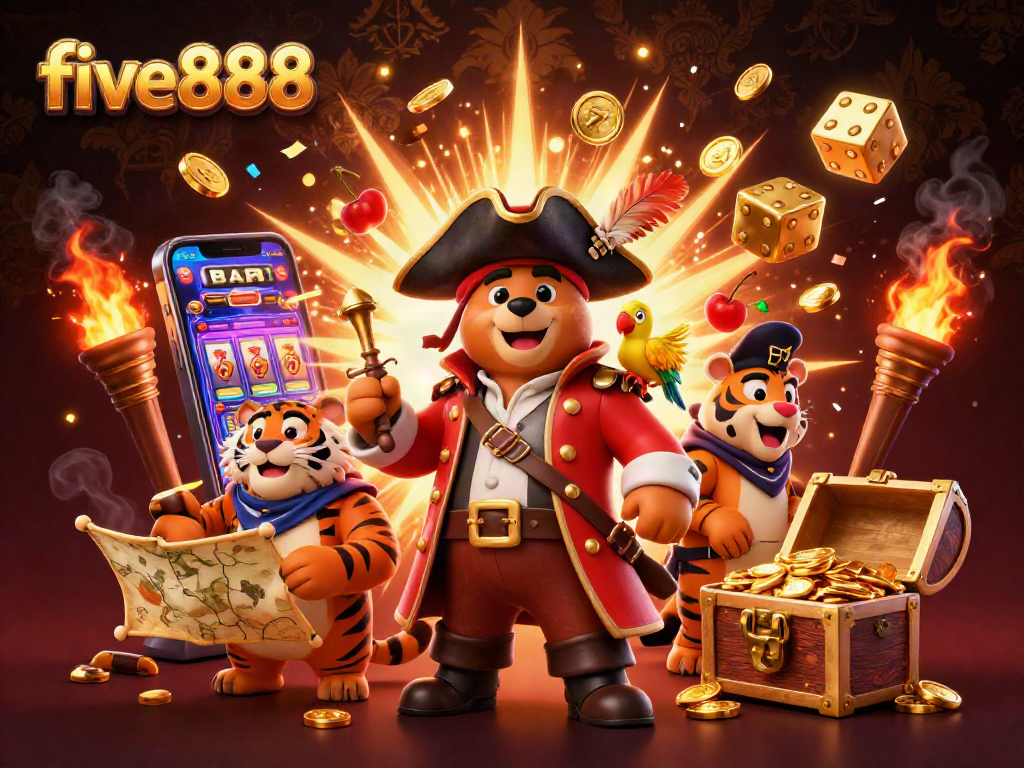 Experience thrilling gameplay at five888 with a vibrant scene featuring colorful slot machines and friendly casino characters.