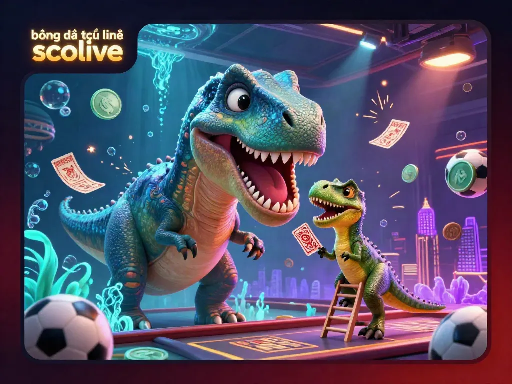 Engage with bóng đá trực tuyến socolive in a vibrant, action-packed sports betting scene featuring a giant dinosaur in a casino.