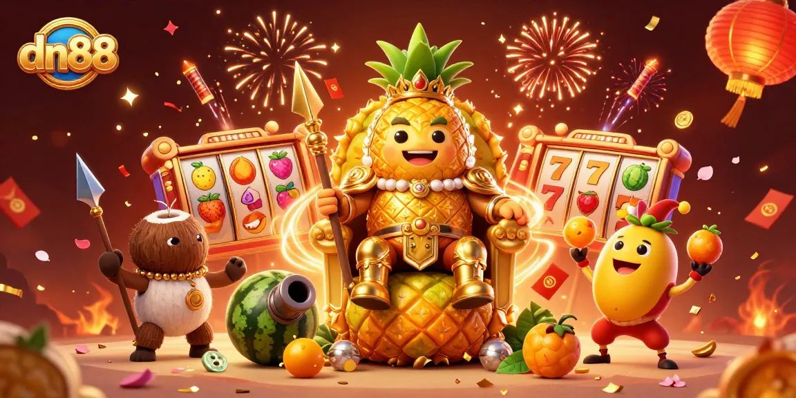 Engage with dn88's vibrant casino scene featuring a golden pineapple king and dynamic slot reels amidst rich decorations.