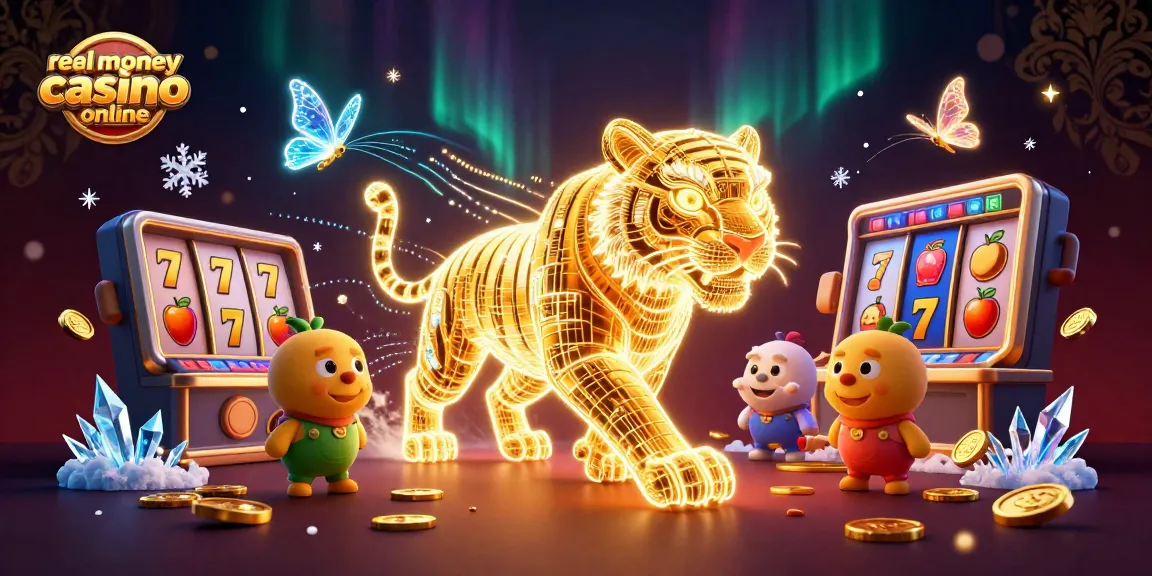 Experience thrilling gameplay at a real money casino online, featuring vibrant slot reels and a mystical golden tiger.